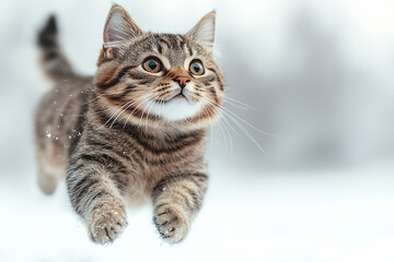 Wall Mural - A playful cat mid-jump, with a surprised yet joyful expression, frozen in an amusing pose against a clean white background,