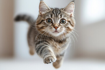 Wall Mural - A playful cat mid-jump, with a surprised yet joyful expression, frozen in an amusing pose against a clean white background,