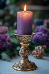 Poster - A classic brass candlestick holder with intricate detailing, placed on a plain white surface,