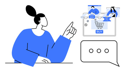 Woman pointing at online shopping interface with buy button, cashback, discount tags adjacent chat bubble with ellipsis. Ideal for e-commerce, retail, customer service, digital marketing, online