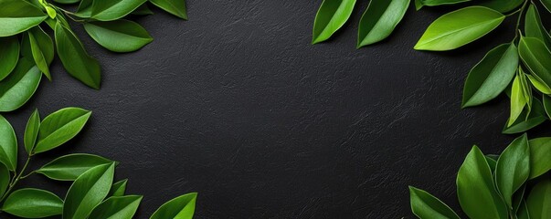 Poster - Tropical frame concept. Fresh green leaves framing a dark surface, perfect for nature-themed compositions.