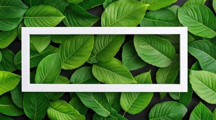 Poster - Tropical frame concept. Fresh green leaves arranged beautifully with a blank frame for creativity.