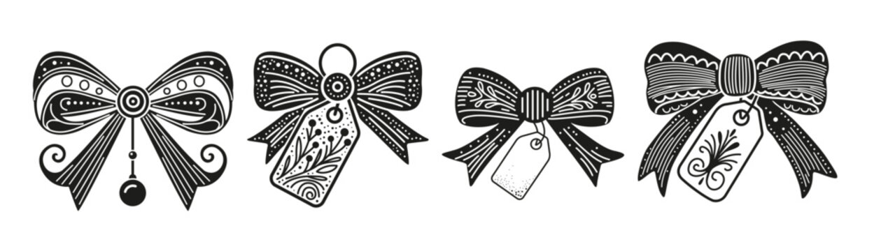 A set of black and white bows with patterns and labels.