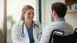 © yang - Smiling doctor looking at a patient on a wheelchair