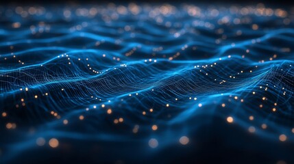 Poster -   Futuristic blue digital grid background featuring a dynamic network of interconnected lines and nodes, perfect for modern technology concepts, high-tech presentations, and innovative 3d rendered des