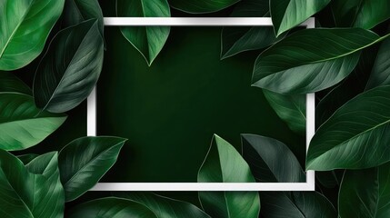 Poster - Tropical frame concept. Vibrant green leaves surround a blank frame, perfect for nature-themed presentations.