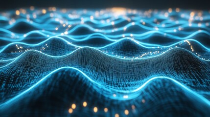 Poster -   Futuristic blue digital grid background featuring a dynamic network of interconnected lines and nodes, perfect for modern technology concepts, high-tech presentations, and innovative 3d rendered des
