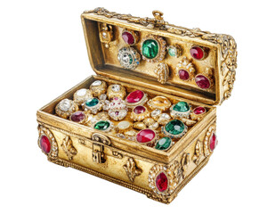 ancient treasure chest filled with colorful gemstones and jewelry, showcasing intricate designs and luxurious appearance. This captivating piece evokes sense of mystery and adventure