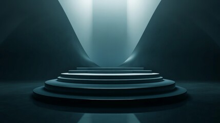 Poster - Modern futuristic dark podium with dynamic lighting and reflection effects for high-tech presentations, product showcases, and digital display designs.