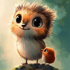 Wall Mural - Adorable Fluffy Creature And Tiny Bird Friend Together