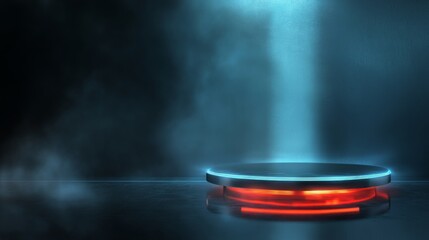 Poster - Modern futuristic dark podium with dynamic lighting and reflection effects for high-tech presentations, product showcases, and digital display designs.