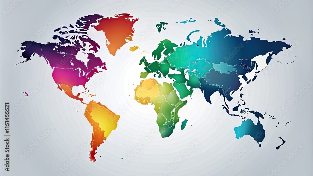Colorful World Map Illustration Showing Continents and Countries Stock ...