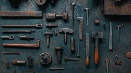 Poster - Rustic Collection of Vintage Hand Tools Arranged on Dark Surface Highlighting the Character and History of Craftsmanship in Metalworking and Woodworking