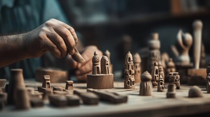 Poster - Skilled artisan carving intricate wooden sculptures, showcasing craftsmanship and attention to detail in a workshop filled with artistic wooden pieces and tools.