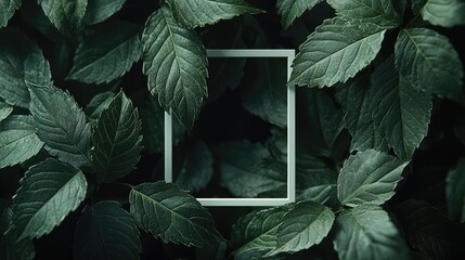 Poster - Tropical frame concept. A serene composition of lush green leaves framing an empty square for creative designs.