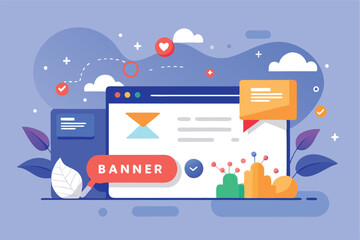 Aufkleber - Vector illustration depicting a modern workspace with a computer displaying a banner design, showcasing creativity and digital marketing