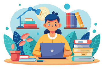 Aufkleber - Focused student working on a laptop at a well-organized study space surrounded by books and plants in the evening