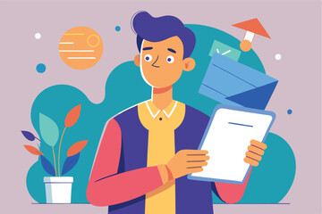 Poster - young man holding a folder while surrounded by colorful geometric shapes and productivity elements i