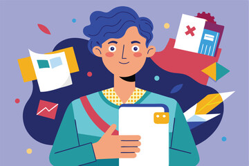 Poster - Young man holding a folder while surrounded by colorful geometric shapes and productivity elements in a digital vector illustration