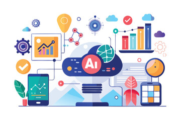 Poster - Colorful vector illustration depicting cloud computing and data analysis with graphs, gears, and digital symbols representing technology concepts