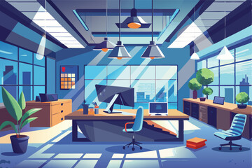 Poster - Modern office interior design with natural light and sleek furniture in an urban setting