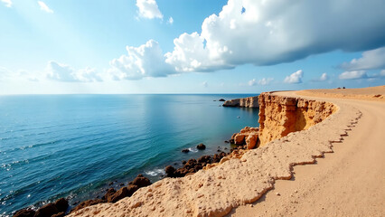 Wall Mural - Empty stone embankment with border against calm sea and cloudy blue sky on Cape Vilan peninsula in Spain : new image 