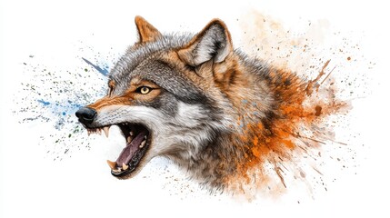  Dynamic Watercolor Wolf Head Illustration with Vivid Colors and Expressive Features