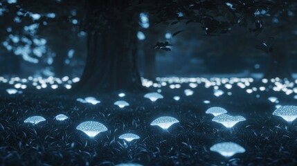 Wall Mural - Glowing mushrooms illuminate a dark forest at night.