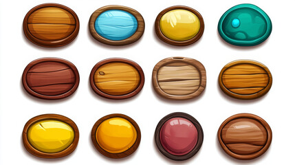 Poster - Wooden buttons set for game ui. Vector cartoon illustrations