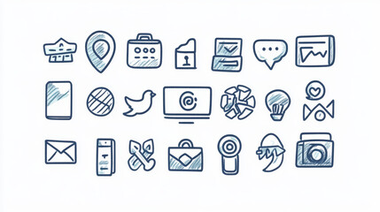 Poster - social media hand drawn icons set. computer and network doodle vector illustrations. network media s