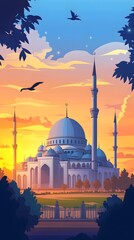 Wall Mural - luxurious and magnificent mosque building, with a large and beautiful garden, with a beautiful view of the sunset in the afternoon