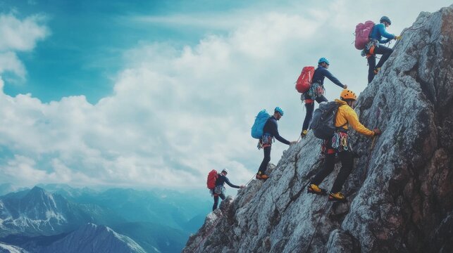 Teamwork in action: group of people climbing a peak on a mountain, embracing unity and collaboration in a challenging outdoor adventure