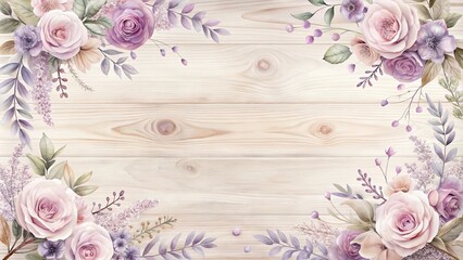 Wall Mural - Elegant Pastel Floral Border on Wooden Background for Wedding or Invitation Design