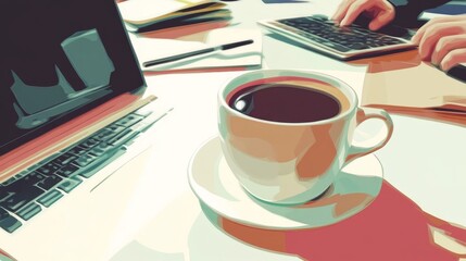 Poster - Modern Business Workspace Featuring a Laptop, Coffee Cup, and Documents on a Desk in a Professional Office Setting with Business Professionals Collaborating in the Background, Ideal for Corporate Them