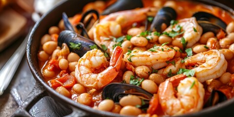 Wall Mural - Homemade bean stew featuring prawns and mussels presents a delightful dish that captures the essence of hearty homemade cooking. This homemade bean stew is perfect for seafood lovers.