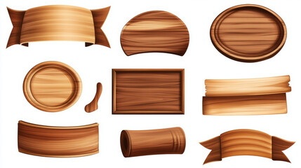 Poster - Cartoon brown wooden plate and ribbons. Vector set isolate on white background. Wooden ribbons collection, illustration of wood board