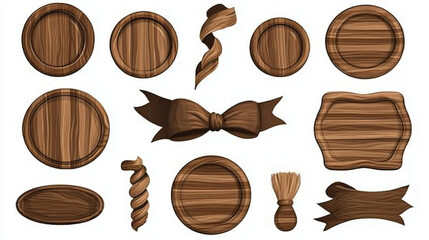 Poster - Cartoon brown wooden plate and ribbons. Vector set isolate on white background. Wooden ribbons collection, illustration of wood board
