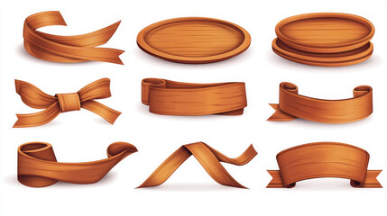 Poster - Cartoon brown wooden plate and ribbons. Vector set isolate on white background. Wooden ribbons collection, illustration of wood board