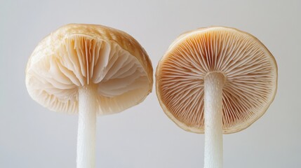 two mushrooms on a plain background