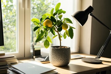 Wall Mural - Minimalist Citrus Tree in Sunlit Room for Modern Home Decor Inspiration