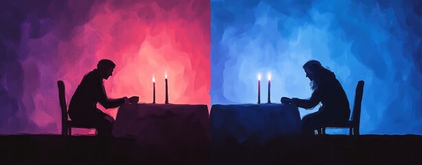 Poster - A visually striking scene of two silhouettes at a candlelit table, contrasting warm and cool colors.