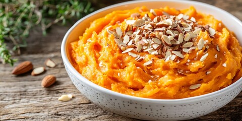 Delight in a flavorful dish of vanilla bean whipped sweet potatoes, enhanced with maple syrup and topped with almond flakes, all presented in a white bowl on a rustic wooden table.