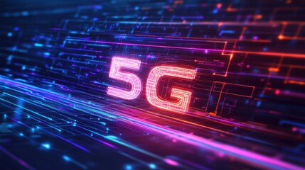 Poster - Futuristic 5G Technology Background with Neon Lights and Lines