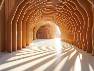 Poster - surreal interior of eco-friendly walking area with wooden columns, corridor leading to light. Generative AI