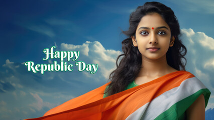 Wall Mural - Happy Republic Day Celebration Banner with Indian Girl Portrait in Tricolor Scarf on Sky Scene Photo. Fictional Character Created By Generative AI.