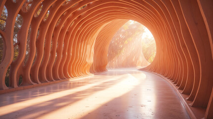 Poster - surreal interior of eco-friendly walking area with wooden columns, corridor leading to light. Generative AI