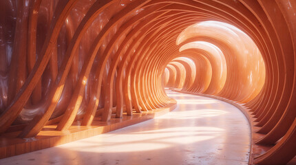 Poster - surreal interior of eco-friendly walking area with wooden columns, corridor leading to light. Generative AI