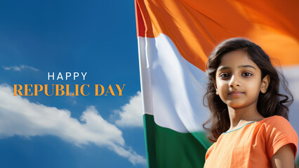 Wall Mural - Happy Republic Day Banner with Indian Girl Portrait and India National Flag in Sky Scene Photo. Fictional Character Created By Generative AI.