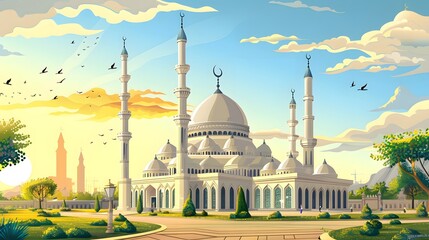 Wall Mural - luxurious and magnificent mosque building, with a large and beautiful garden, with a beautiful view of the sunset in the afternoon