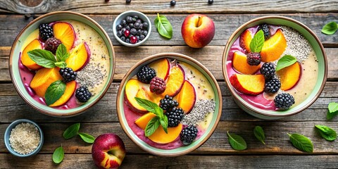 Wall Mural - Delicious Peach and Blackberry Parfaits with Chia Seeds, a Healthy and Refreshing Summer Breakfast or Dessert Option